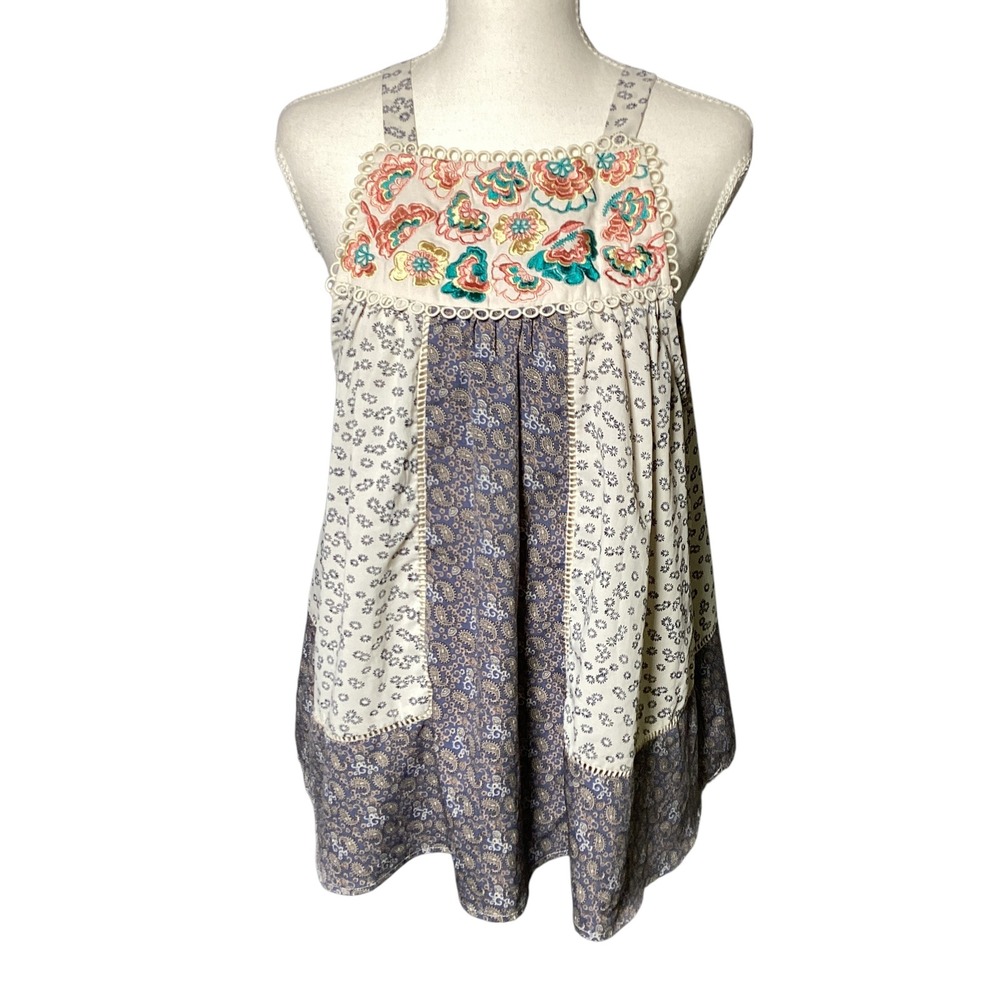 Entro Boho Embroidered Patchwork Tank Top Womens Large Paisley Floral Tie Back